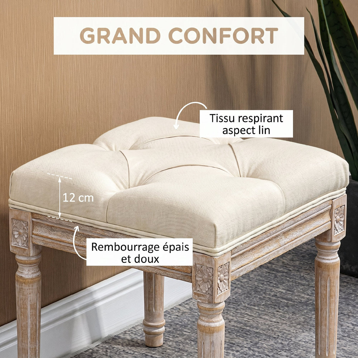 Repose pied salon, ottoman, siège rembourré en tissu aspect lin avec pieds en bois d'hévéa, 40 x 40 x 43 cm, beige