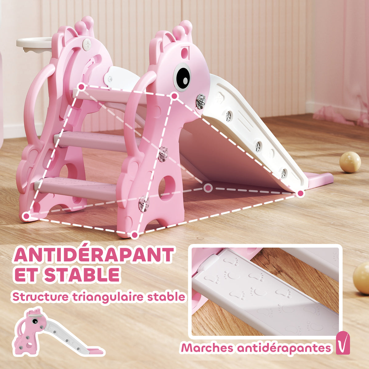 3-in-1 jirafa itxurako haurrentzako txirrista, saskibaloi saskiarekin, eskalada eta baloia, 106 x 51,5 x 52 cm, arrosa