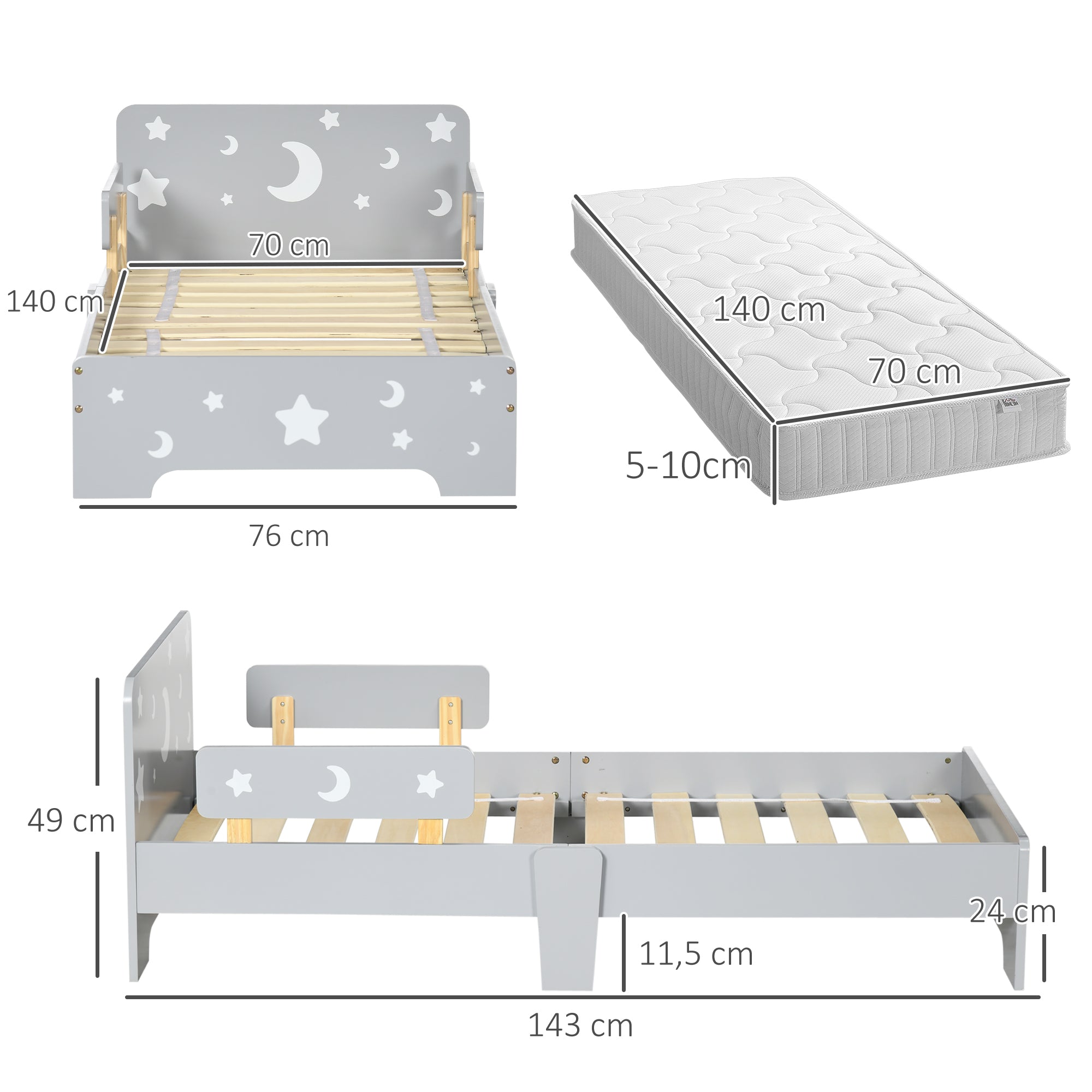Lit pour enfants de 3 à 6 ans design étoiles et lune sommier à lattes inclus chambre moderne 143 x 76 x 49 cm gris