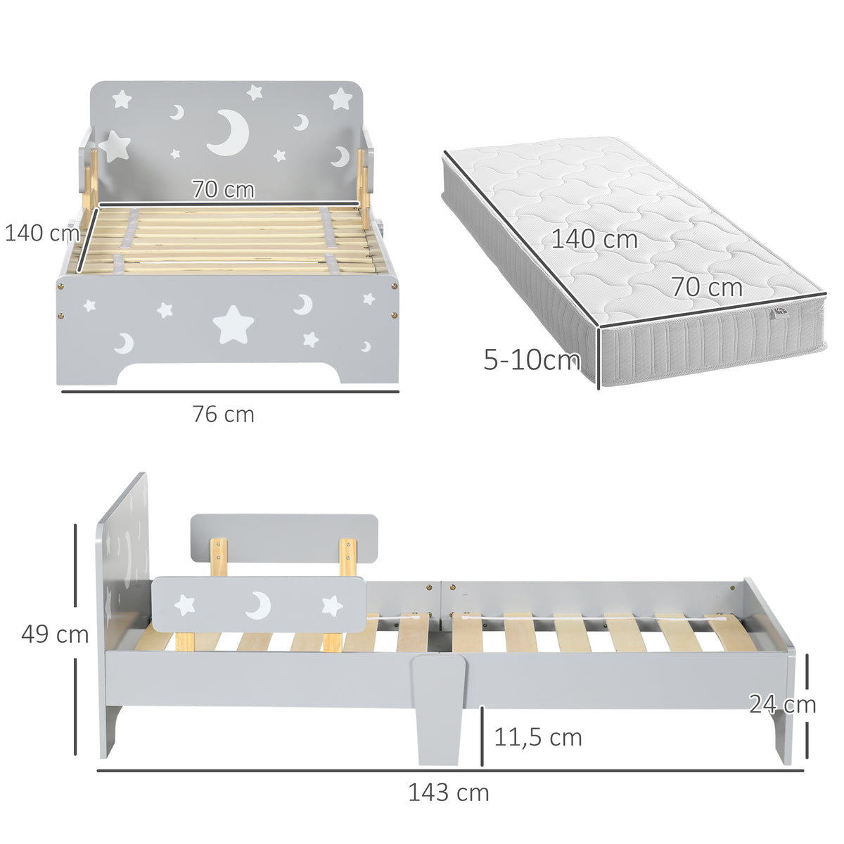 Lit pour enfants de 3 à 6 ans design étoiles et lune sommier à lattes inclus chambre moderne 143 x 76 x 49 cm gris