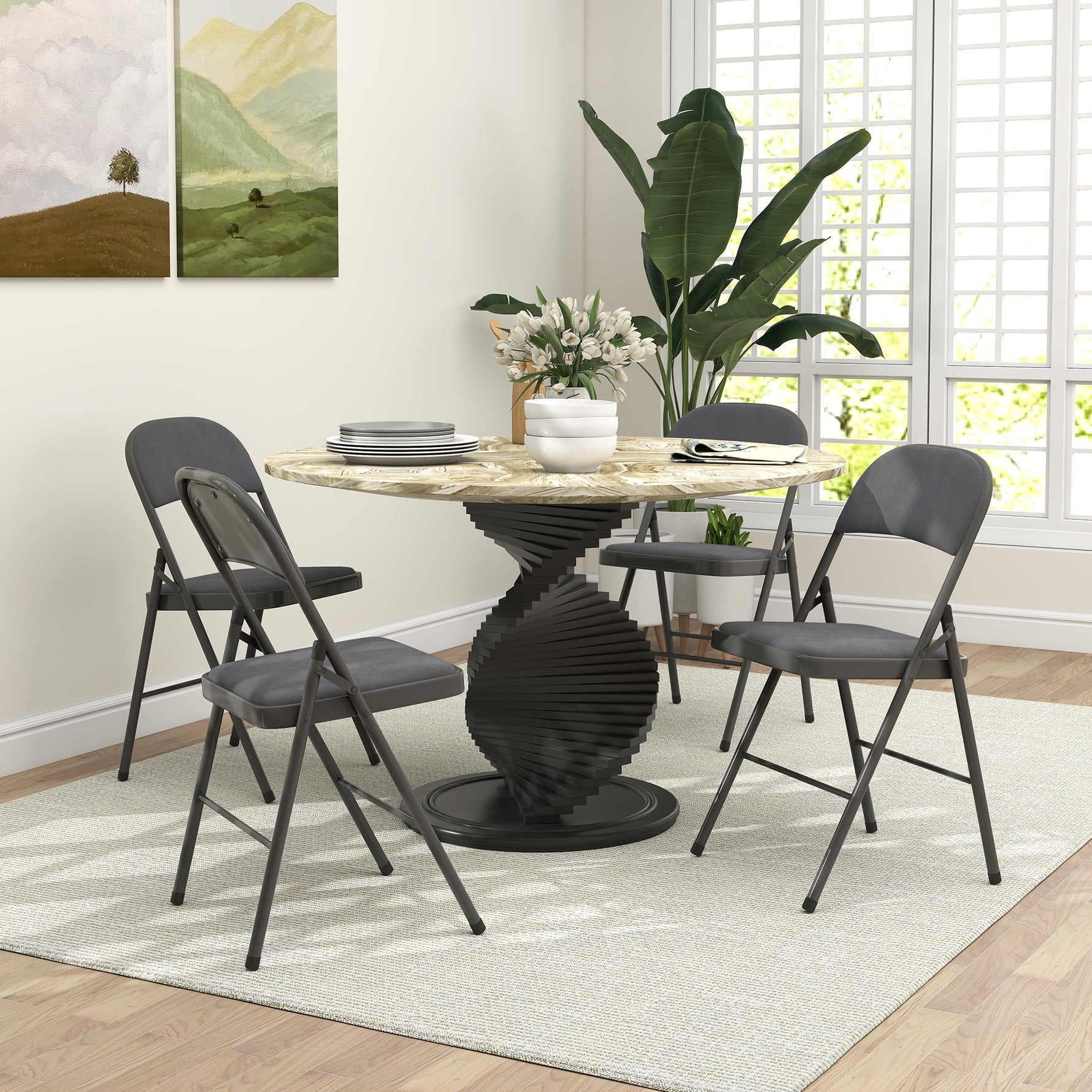 Lot de 4 chaises pliantes et portables intérieur avec assises et dossiers rembourrés en velours, cadre en acier, gris foncé