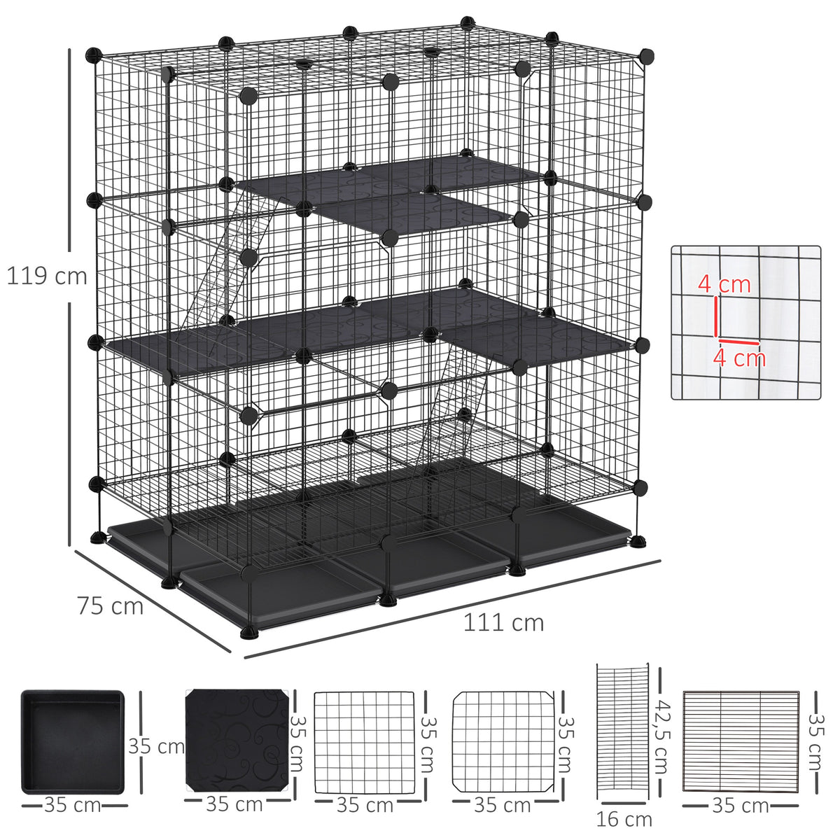 Cage parc enclos rongeurs modulable dim. L 111 x l 75 x H 119 cm 3 niveaux 4 portes fil métallique noir
