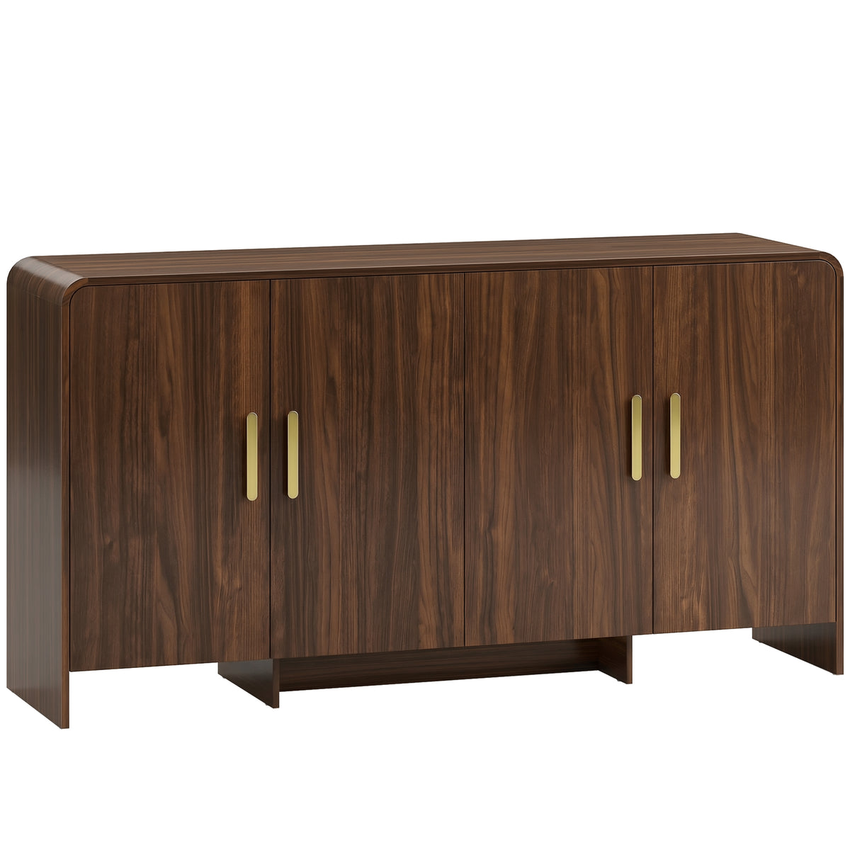 Credenza da cucina, mobile contenitore con 4 ante a chiusura ammortizzata, 4 scomparti e bordi arrotondati, 152x40x80cm, noce