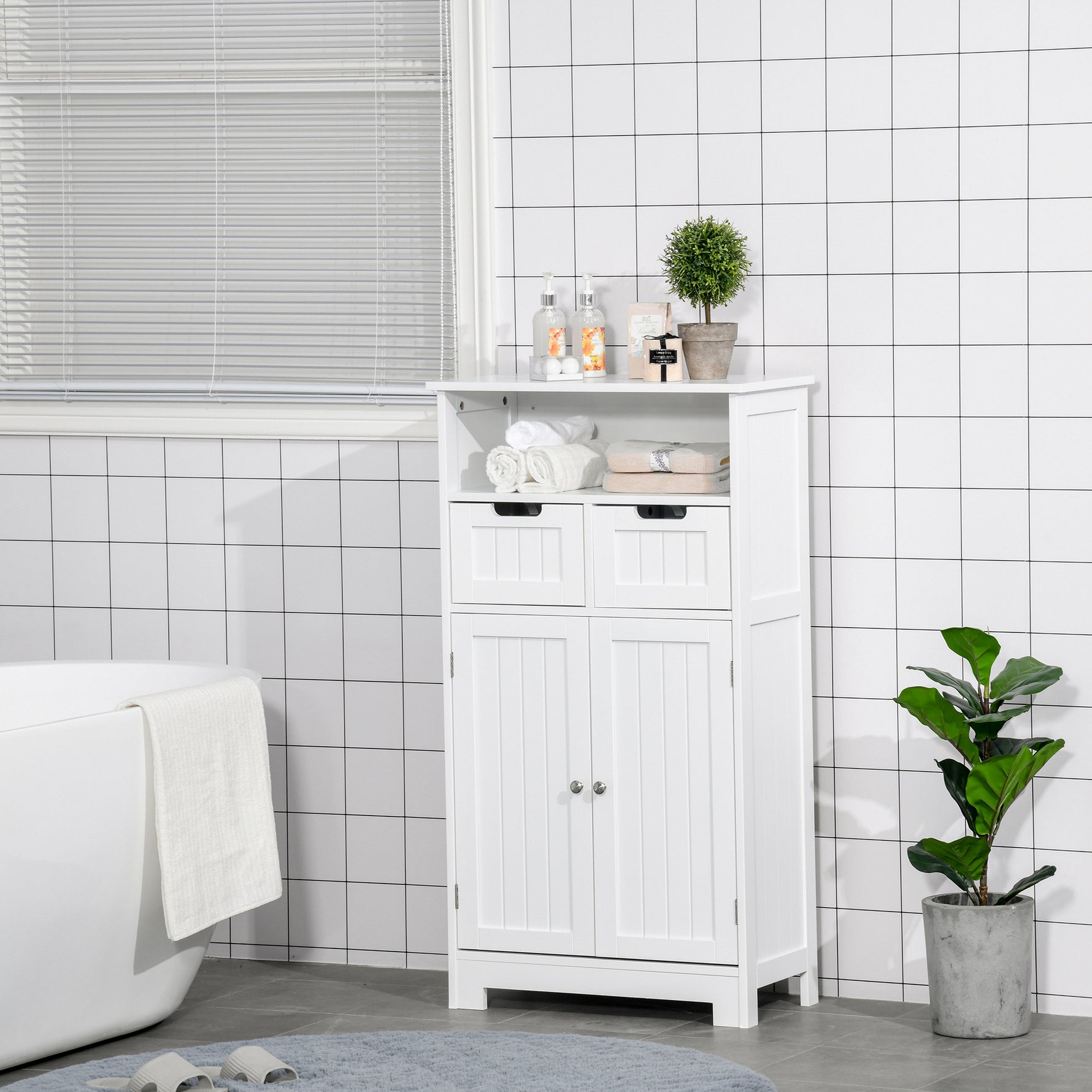 Meuble de salle de bain, meuble de rangement avec 2 tiroirs, niche, placard avec porte, étagère réglable, armoire de salle de bain, cuisine, salon, 60 x 30 x 109 cm, blanc