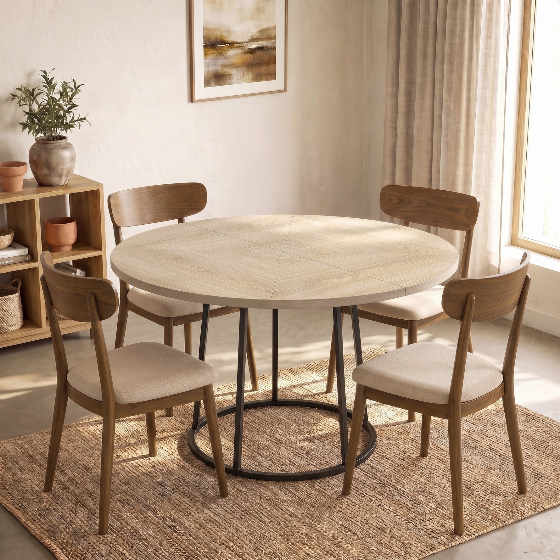Table à Manger Ronde pour 4 à 6 Personnes, Ø 120 x 75 cm, Table de Cuisine avec Piétement Conique en Métal, Bois Naturel