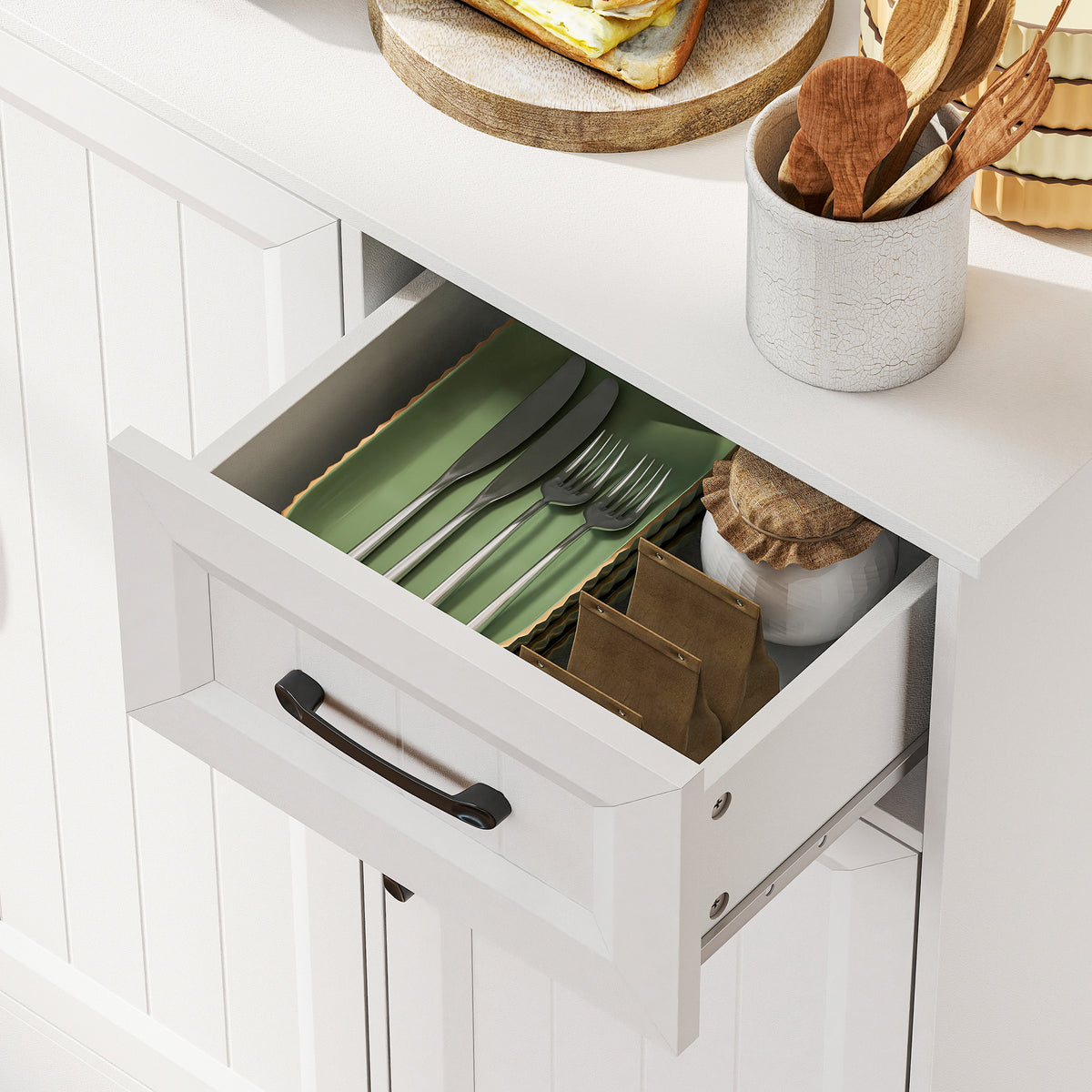 Buffet Haut Cuisine Moderne, 6 Portes, 1 tiroir, 1 Compartiment Ouvert, Étagères Réglables, 100 x 39,5 x 180,5 cm, Blanc