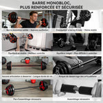 Ensemble d'haltère 20 kg kit barre de musculation avec poignée antidérapante, poids réglable, Ø 27 x 140 cm noir