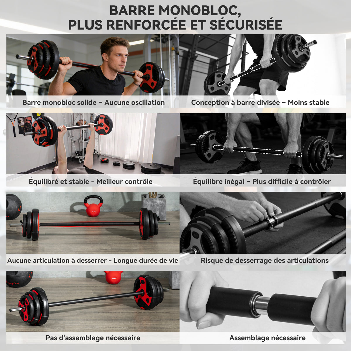 Ensemble d'haltère 20 kg kit barre de musculation avec poignée antidérapante, poids réglable, Ø 27 x 140 cm noir