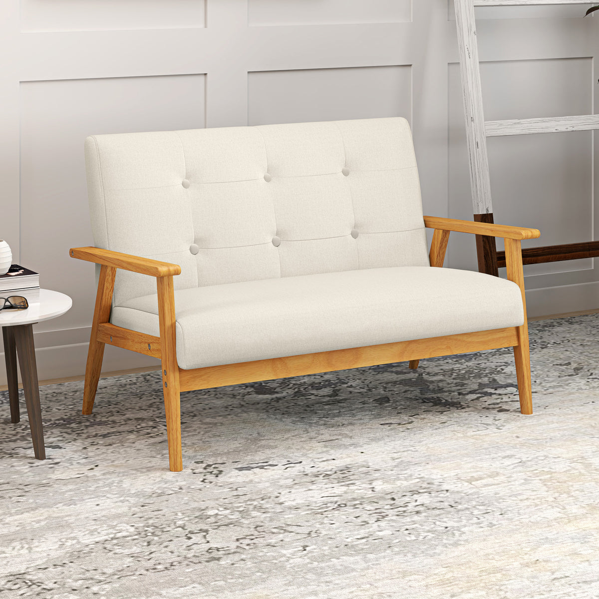 Canapé 2 places 115 cm canapé scandinave avec dossier capitonné, assise rembourrée et accoudoirs, beige