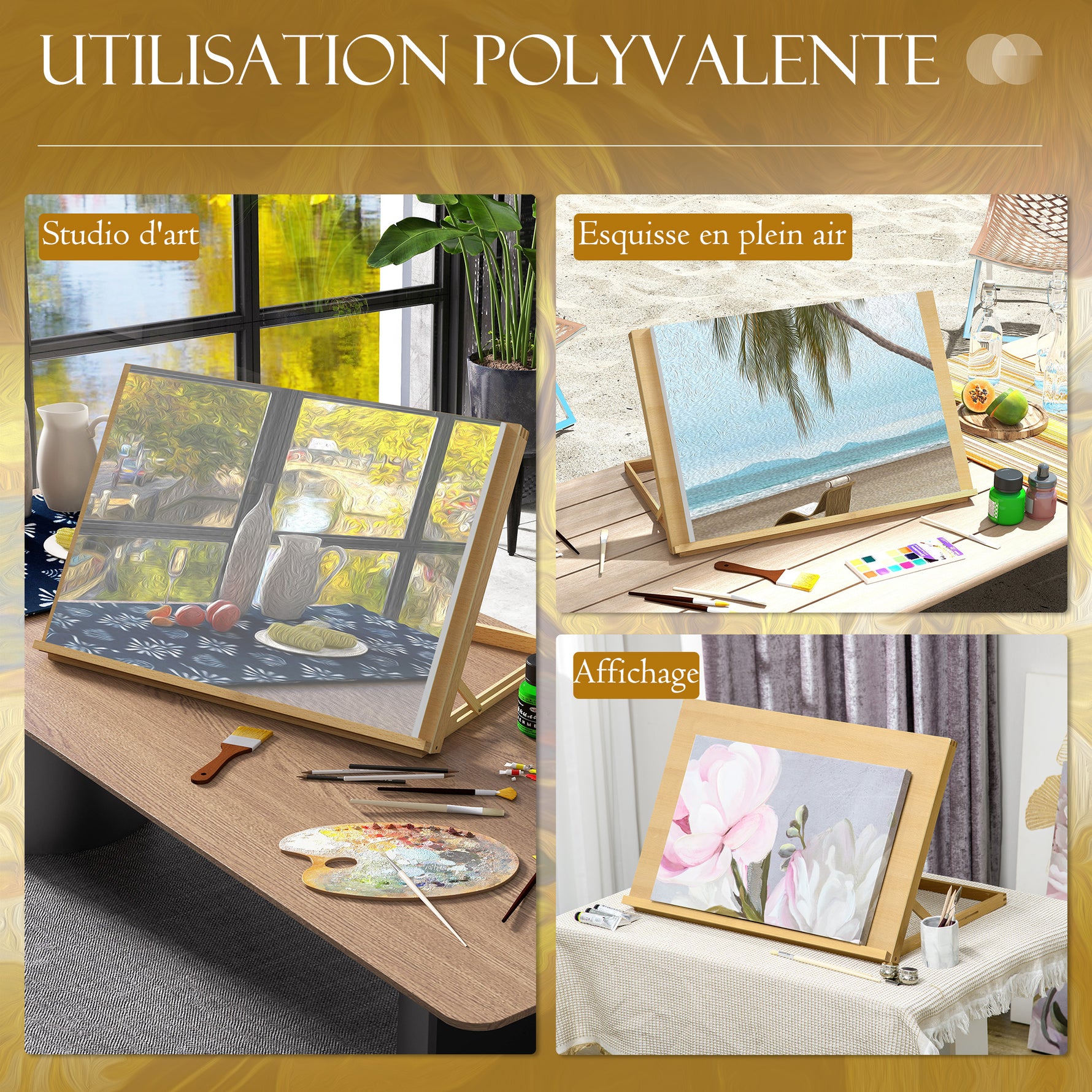 Chevalet de table en bois pour formats A2, chevalet de table réglable en bois de hêtre, 75,8x51,4x51cm, bois naturel