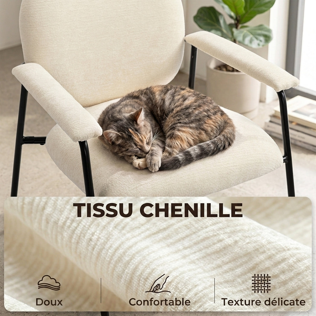 Lot de 2 Fauteuils Salon, Fauteuils d'Appoint en Chenille avec Dossier Profilé, Accoudoirs Rembourrés, Crème