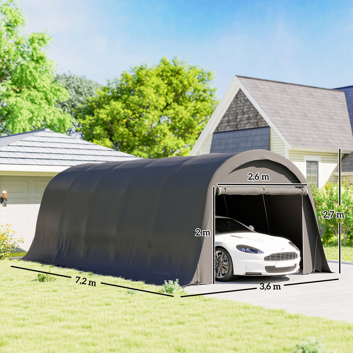 Carport tente de garage 3,6 x 7,2 m abri voiture extérieur tente de stockage avec parois latérales amovibles, gris foncé
