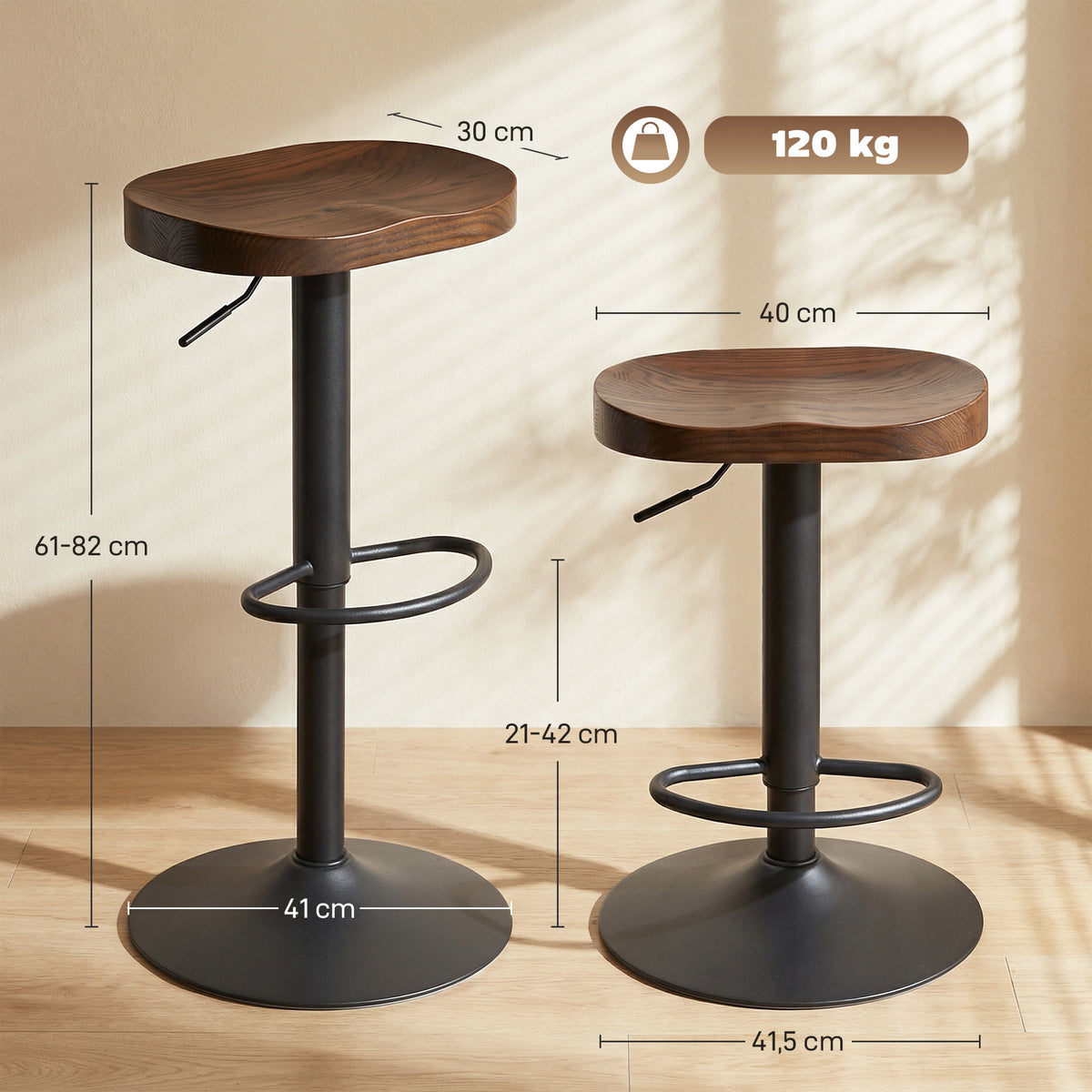 Tabourets de Bar Lot de 2 Réglables Pivotants Chaises de Cuisine avec Siège en Bois d'Orme Marron Foncé