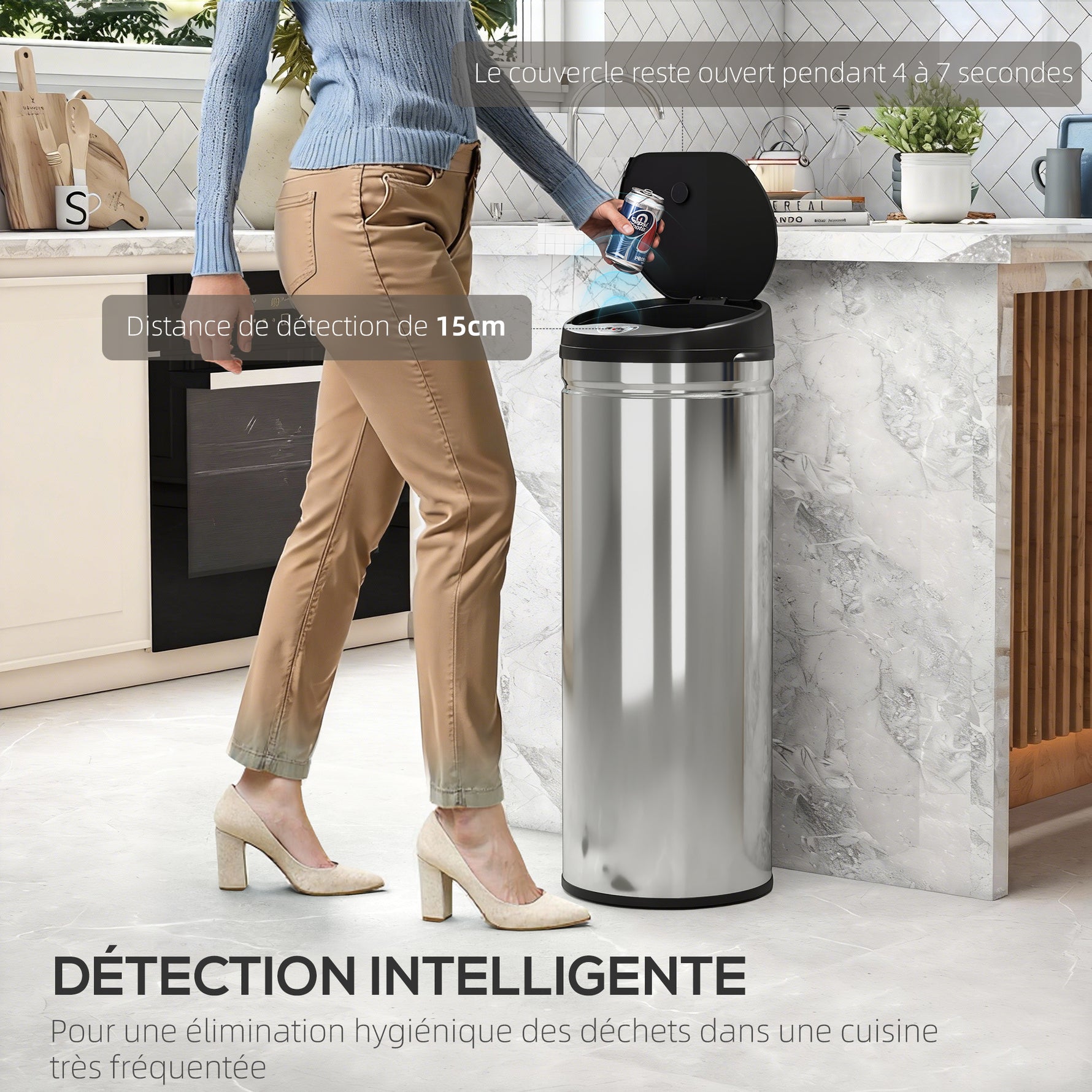 Poubelle cuisine automatique 50L acier inoxydable, poubelle à couvercle à fermeture en douceur, 30,5x30,5x85cm, argent