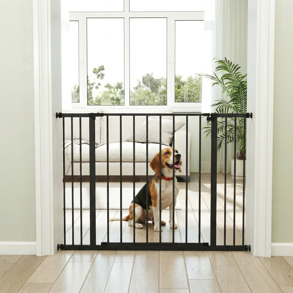 Barrière de Sécurité Chien Réglable 76-107 cm, avec 2 Rallonges (10/15 cm), Ouverture d'une Main, sans Perçage, Noir