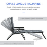 Bain de soleil pliable transat inclinable 6 positions avec matelas + accoudoirs acier polyester gris