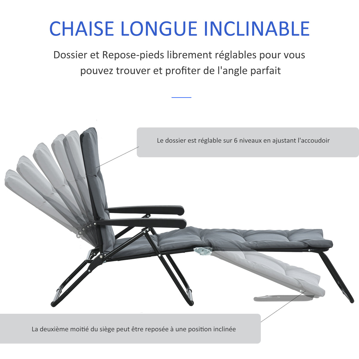 Bain de soleil pliable transat inclinable 6 positions avec matelas + accoudoirs acier polyester gris