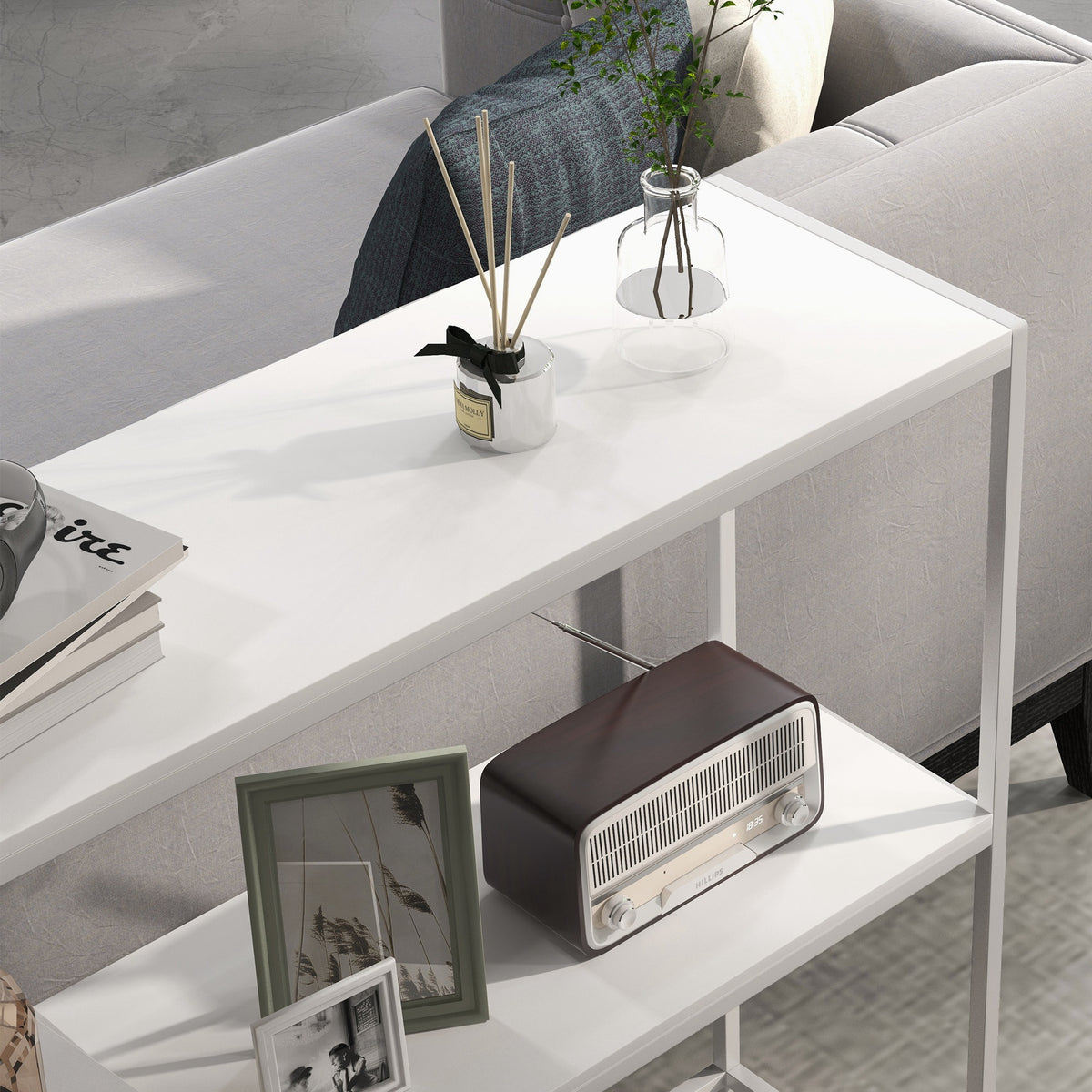 Table console en acier 2 étagères design moderne pour salon entrée couloir 100 x 30 x 87 cm blanc