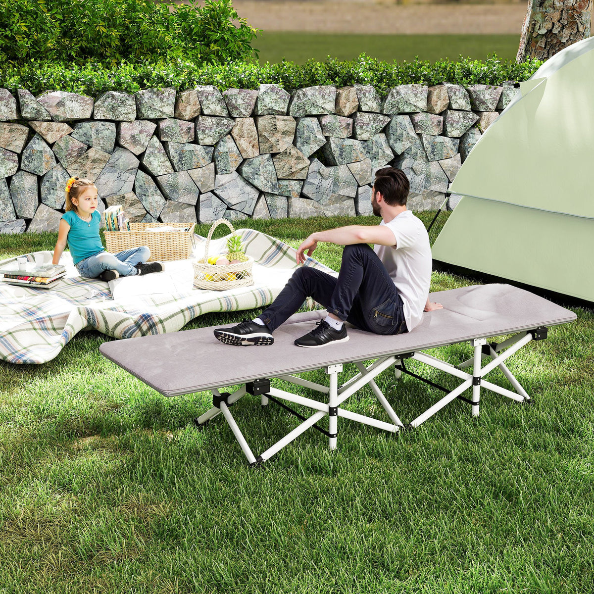 Cama de camping plegable con colchón, tumbona, silla reclinable y bolsa de almacenamiento integrada, dim. 185L x 65l x 37H cm, gris