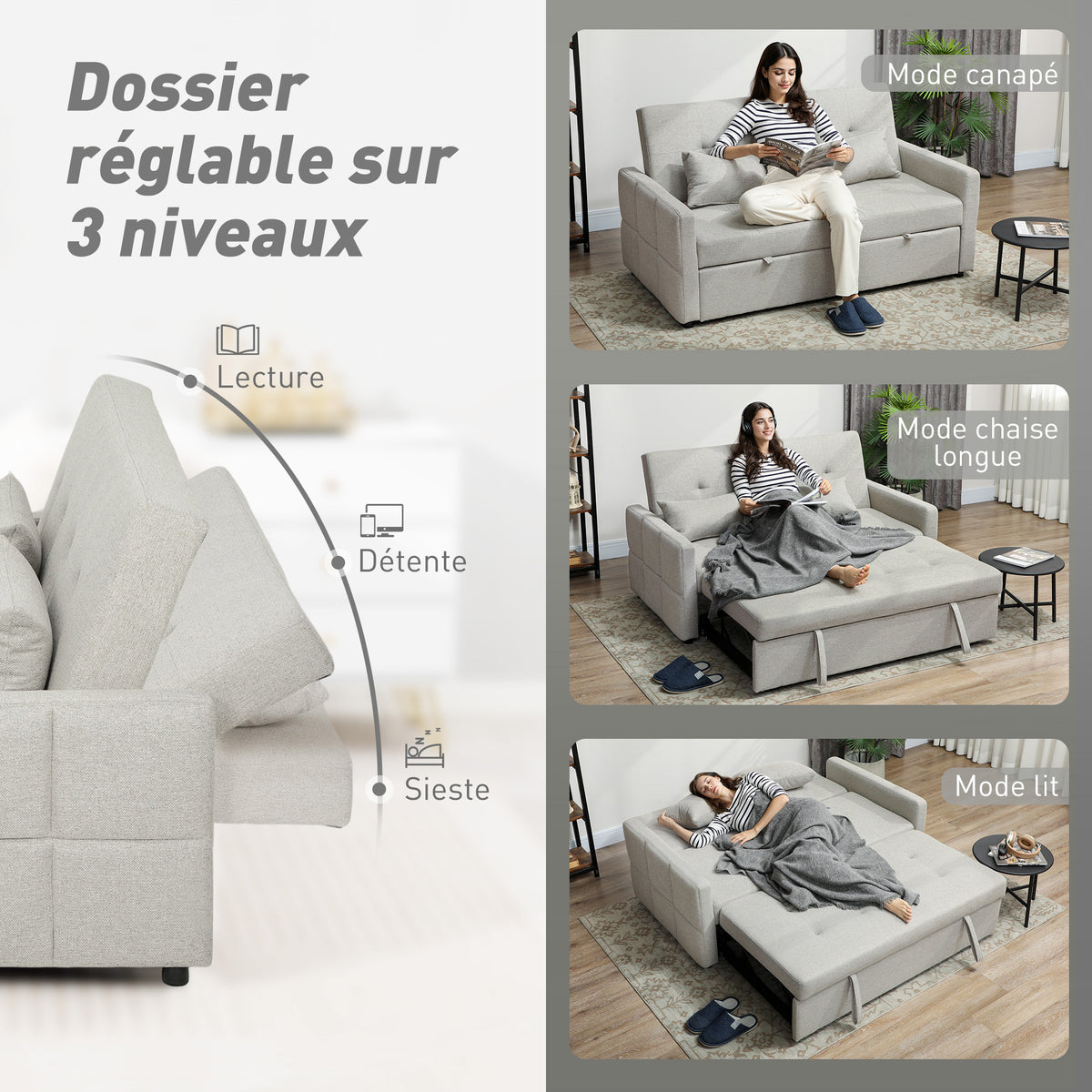 Canapé convertible 2 places 3 en 1, canapé-lit clic-clac, lit gigogne, dossier réglable, 158x85x85cm, marron clair