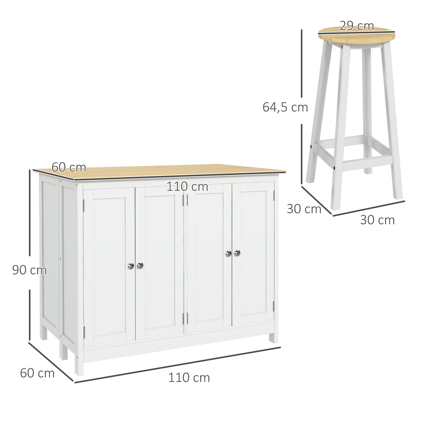 Desserte îlot de cuisine avec 2 tabourets plan de travail rabattable 2 placards avec 4 portes design moderne blanc
