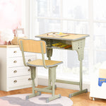 Bureau enfant Vintage style pupitre d'écolier - ensemble bureau et chaise réglable - case de rangement, bracket, range-stylos - acier kaki MDF aspect bois clair
