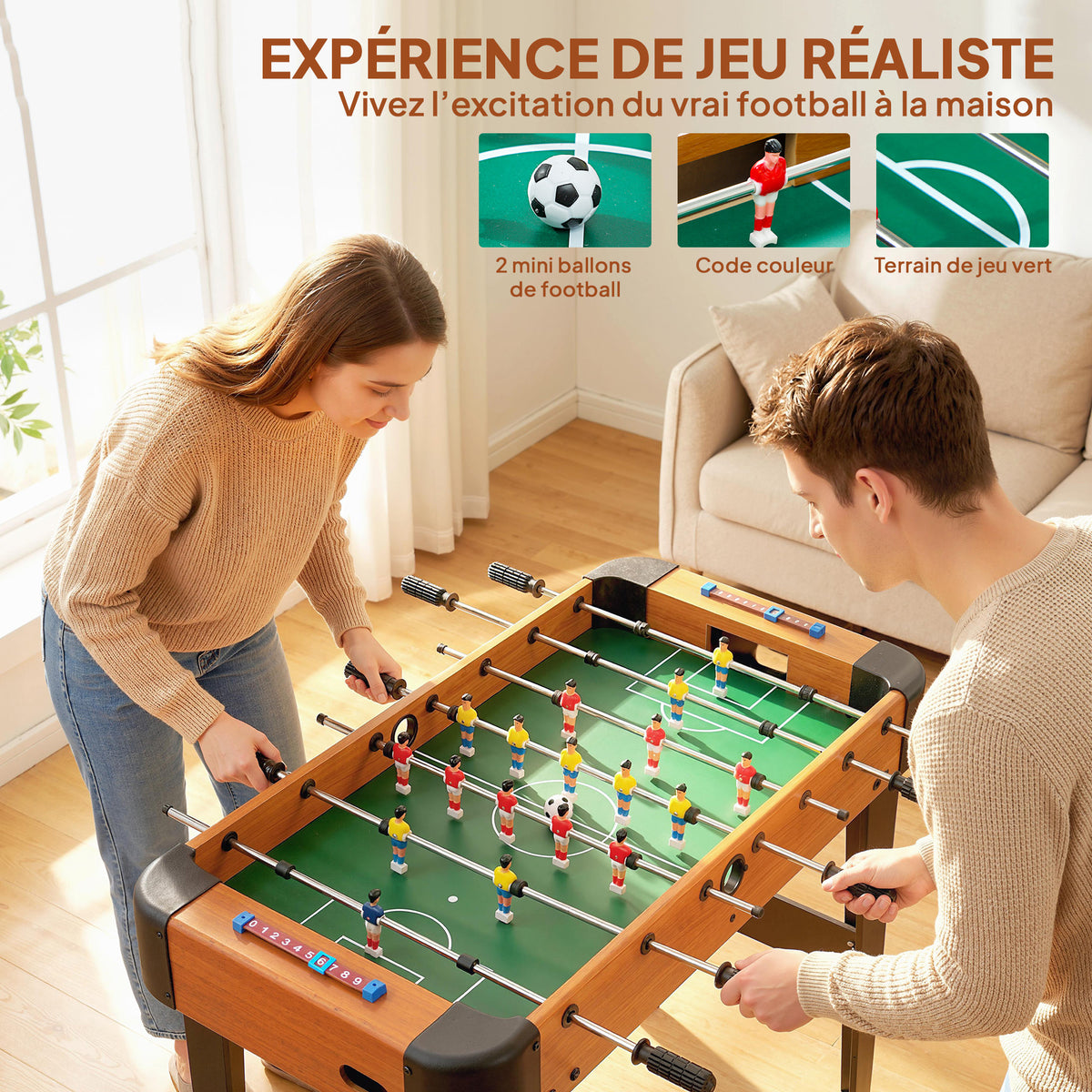 Tafelvoetbalspel 92 cm, 22 spelers, 2 ballen, handmatige scoretellers, antisliphandgrepen, bruin