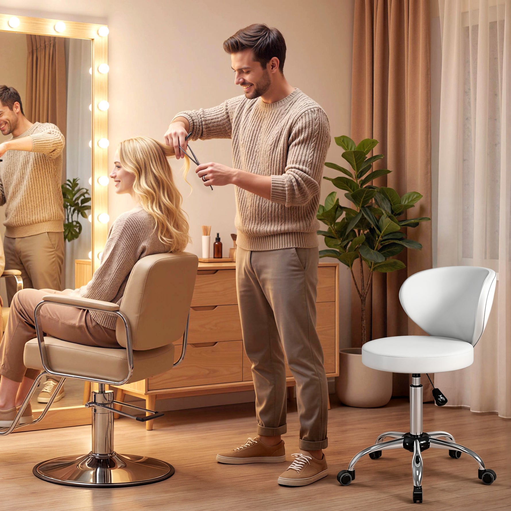 Tabouret à roulettes, tabouret de massage en PU avec hauteur réglable 73-88 cm et dossier, pivotant 360°, blanc