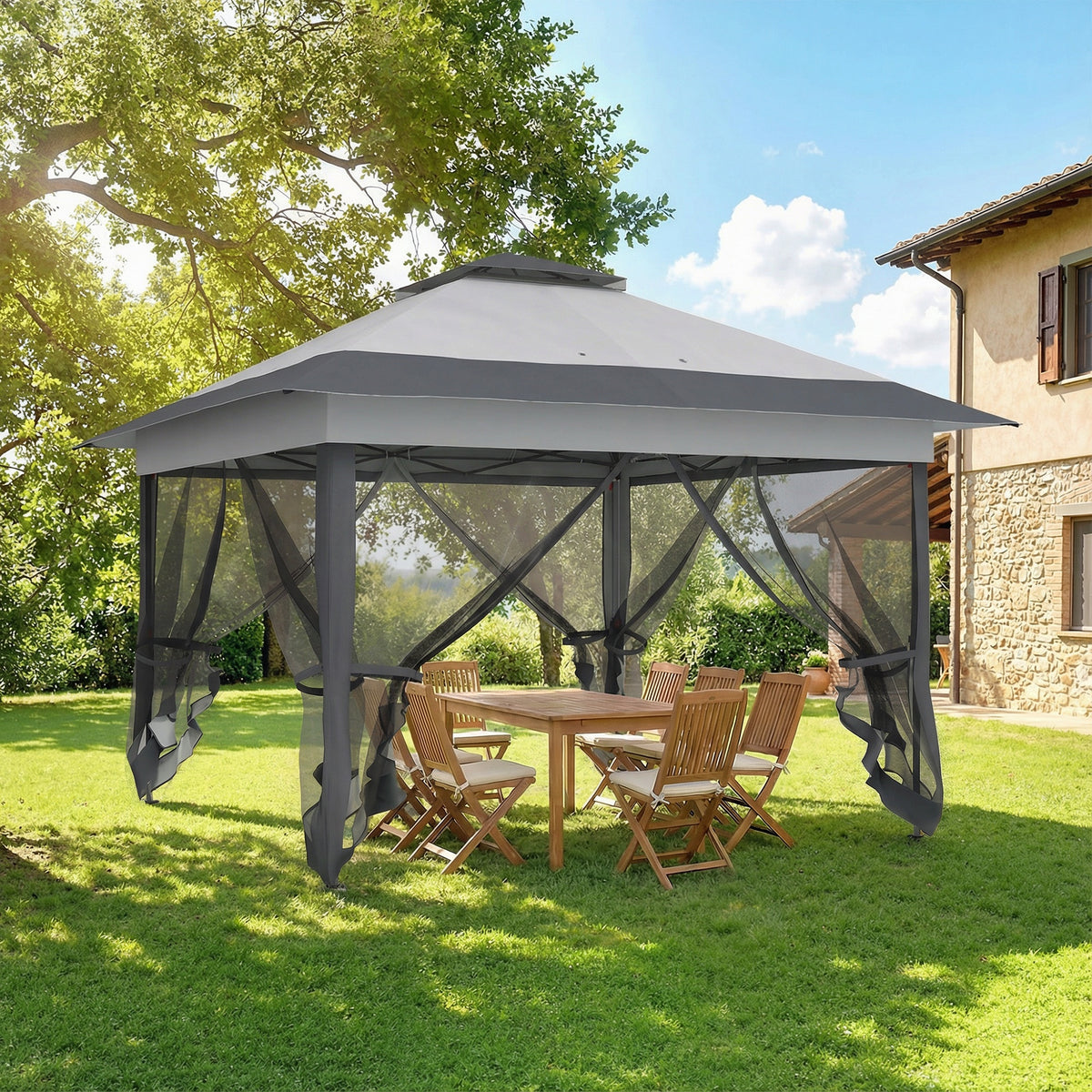 Gazebo da giardino pieghevole pop-up in acciaio e poliestere con zanzariere + borsa per il trasporto con ruote grigio