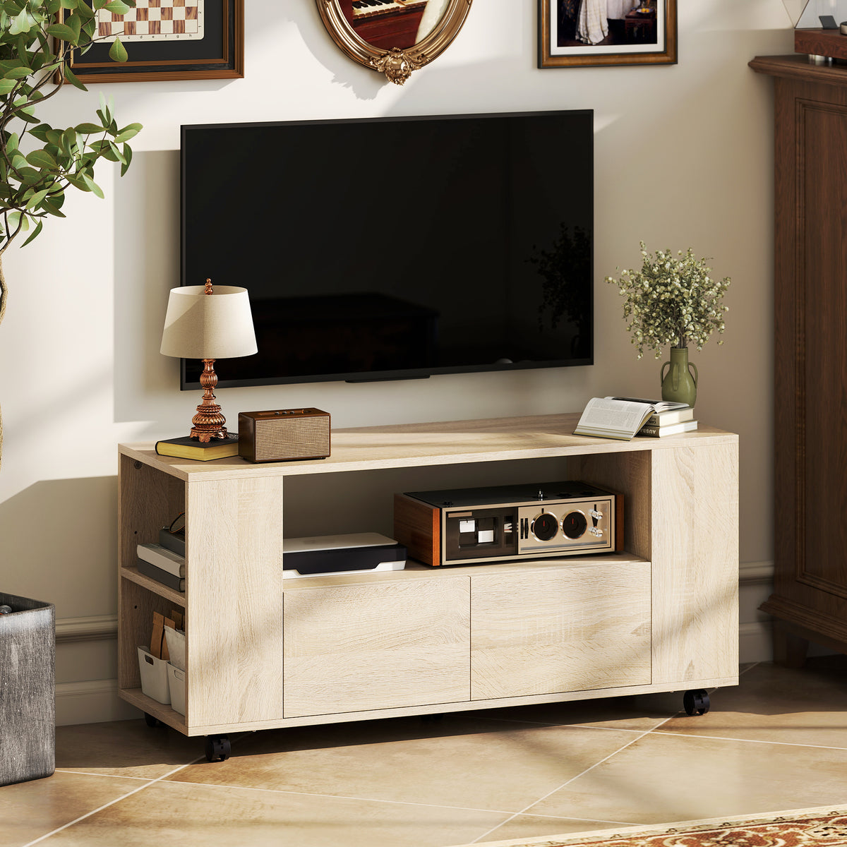 Meuble TV sur roulettes 102 cm, meuble télé pour téléviseur jusqu'à 42 pouces, 2 tiroirs, compartiments ouverts, naturel