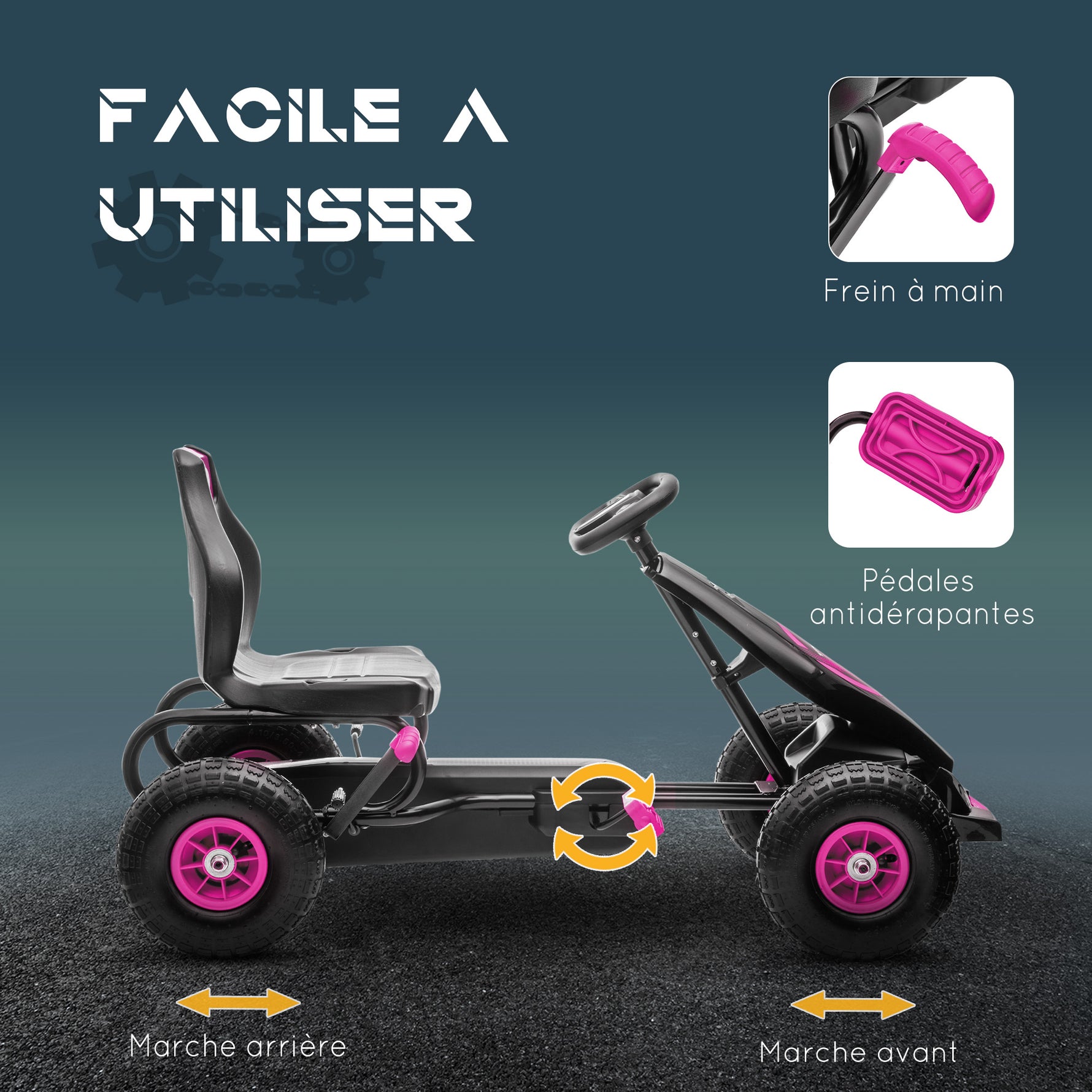 Kart à pédales pour enfant siège réglable 3 positions frein à main enfant de 5 à 12 ans rose noir