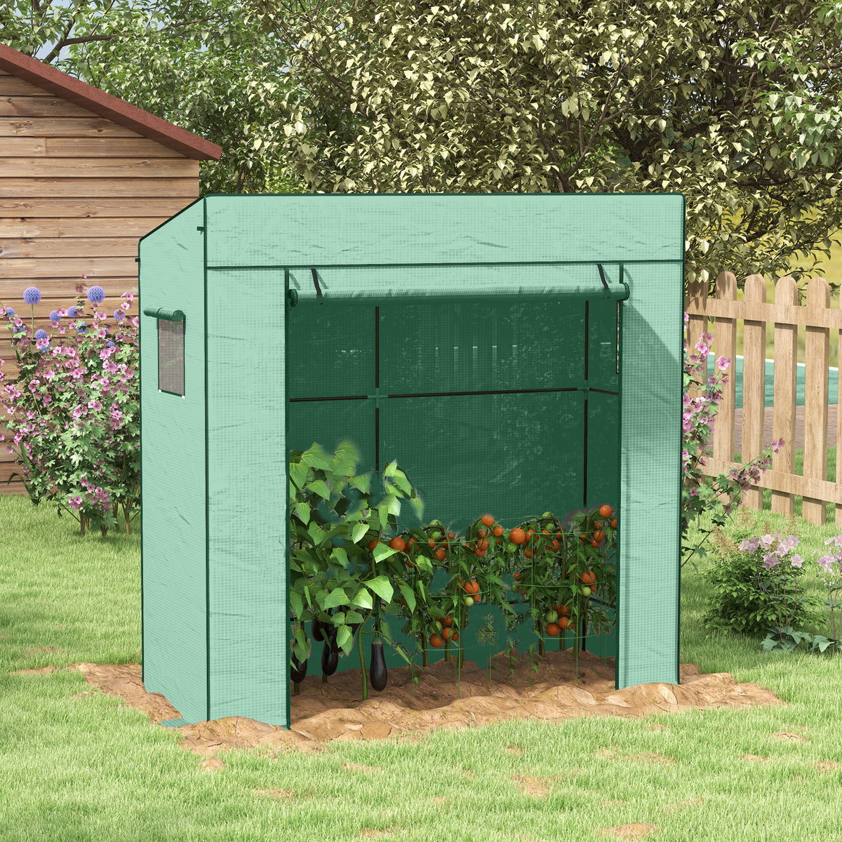 Serra da giardino a parete con 1 porta avvolgibile, telo in PE rinforzato, 2 finestre, dim. 196L x 77l x 197/178A cm
