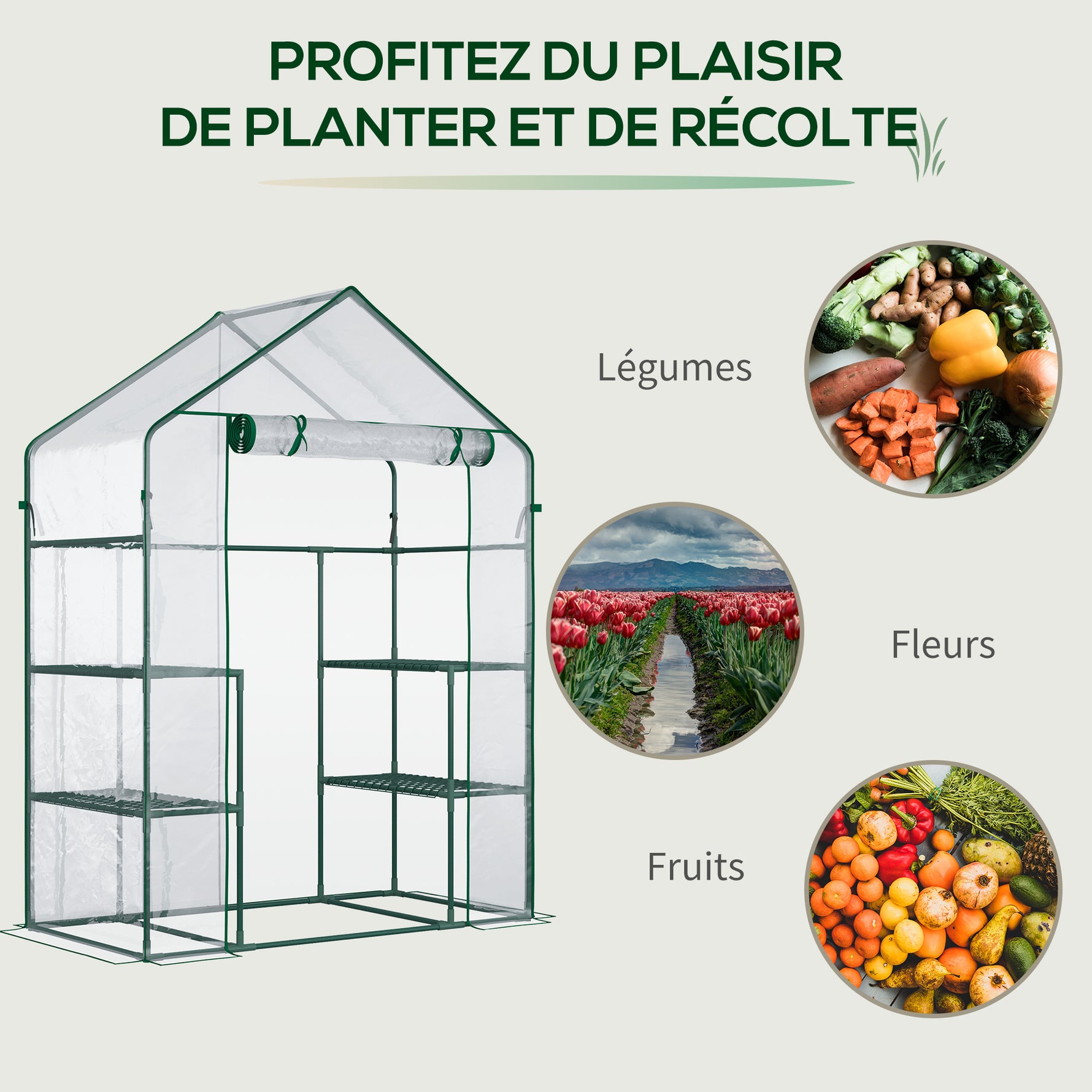 Serre de jardin 4 tablettes acier PVC haute densité 140 g/m² anti-UV 142 x 73 x 195 cm transparent vert