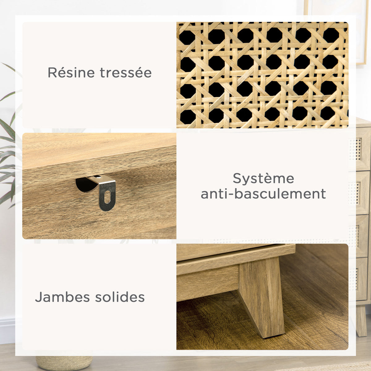 Commode 3 tiroirs meuble de rangement cannage en rotin aspect bois clair 80 x 35 x 76 cm