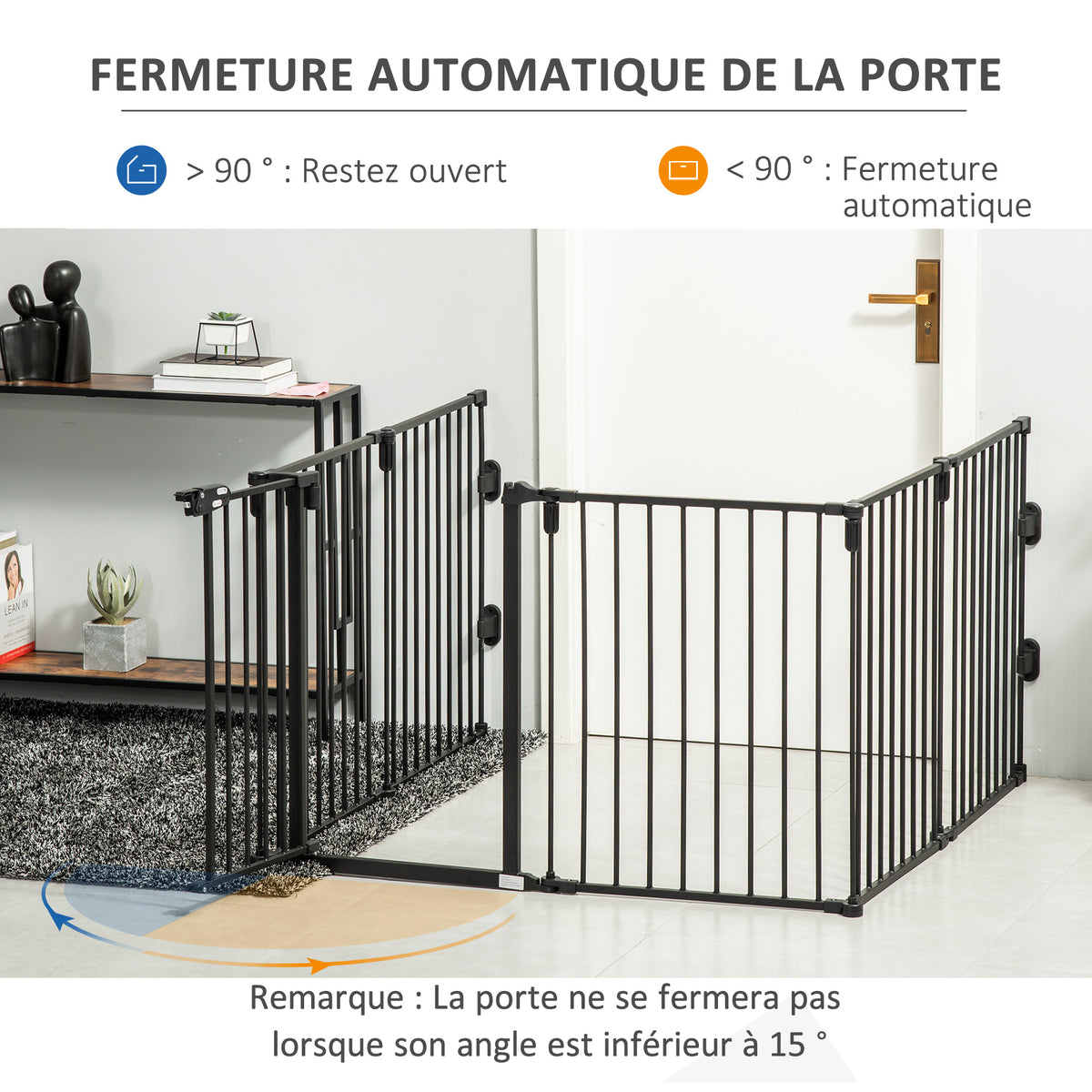 Barrière de sécurité barrière de protection cheminée parc enclos chien pliable modulable 6 panneaux avec porte sans perçage 362,5 x 76 cm noir