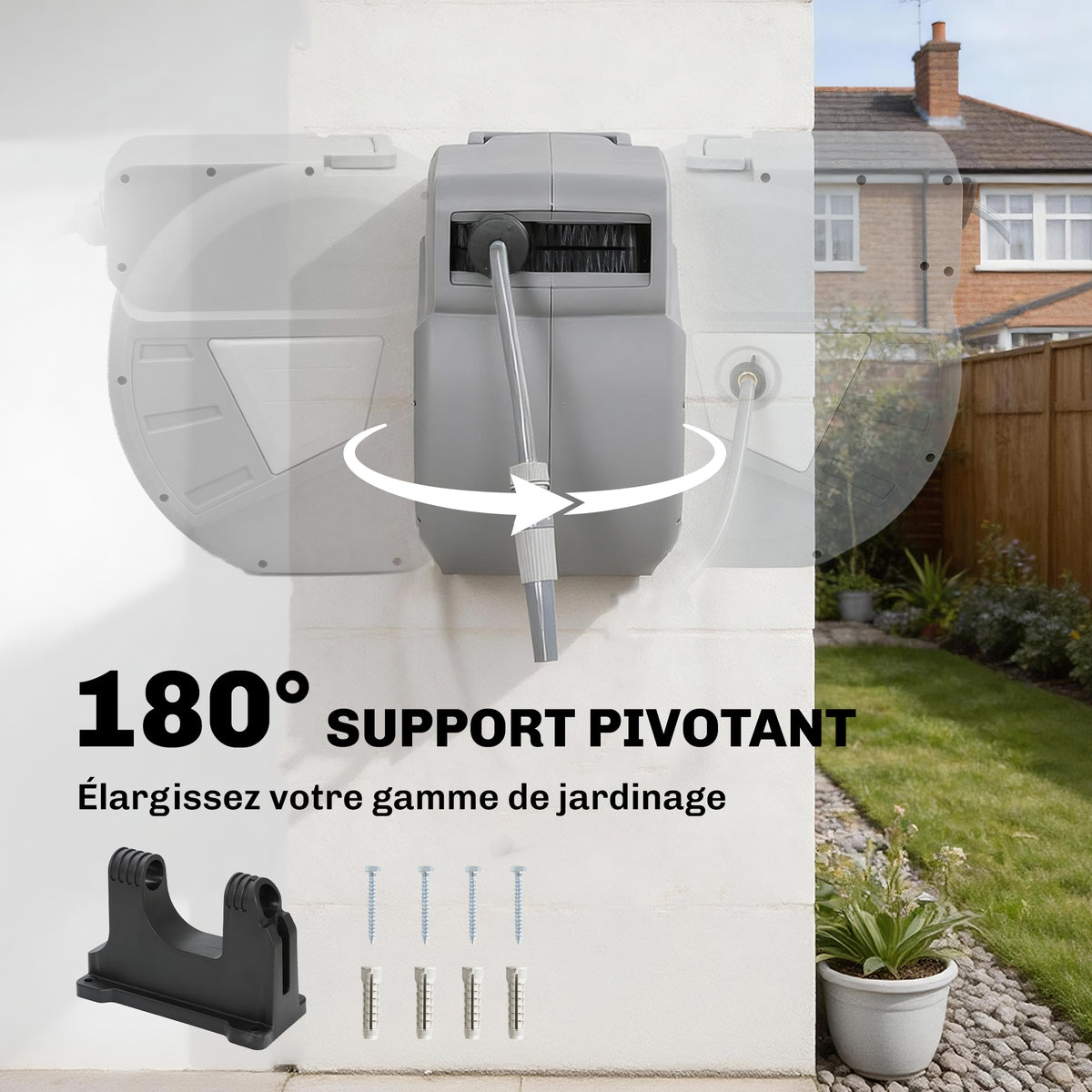 Enrouleur Tuyau Arrosage Mural 40+2 m x Ø 15mm, Dévidoir de Tuyaux d'Eau Rétractable Automatique Pivotant à 180°, Gris