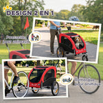 Remorque Vélo Chien 2-en-1 pour Chien Moyen avec Suspension, Pneus à Dégagement Rapide, Réflecteurs, 160x71x101cm, Rouge