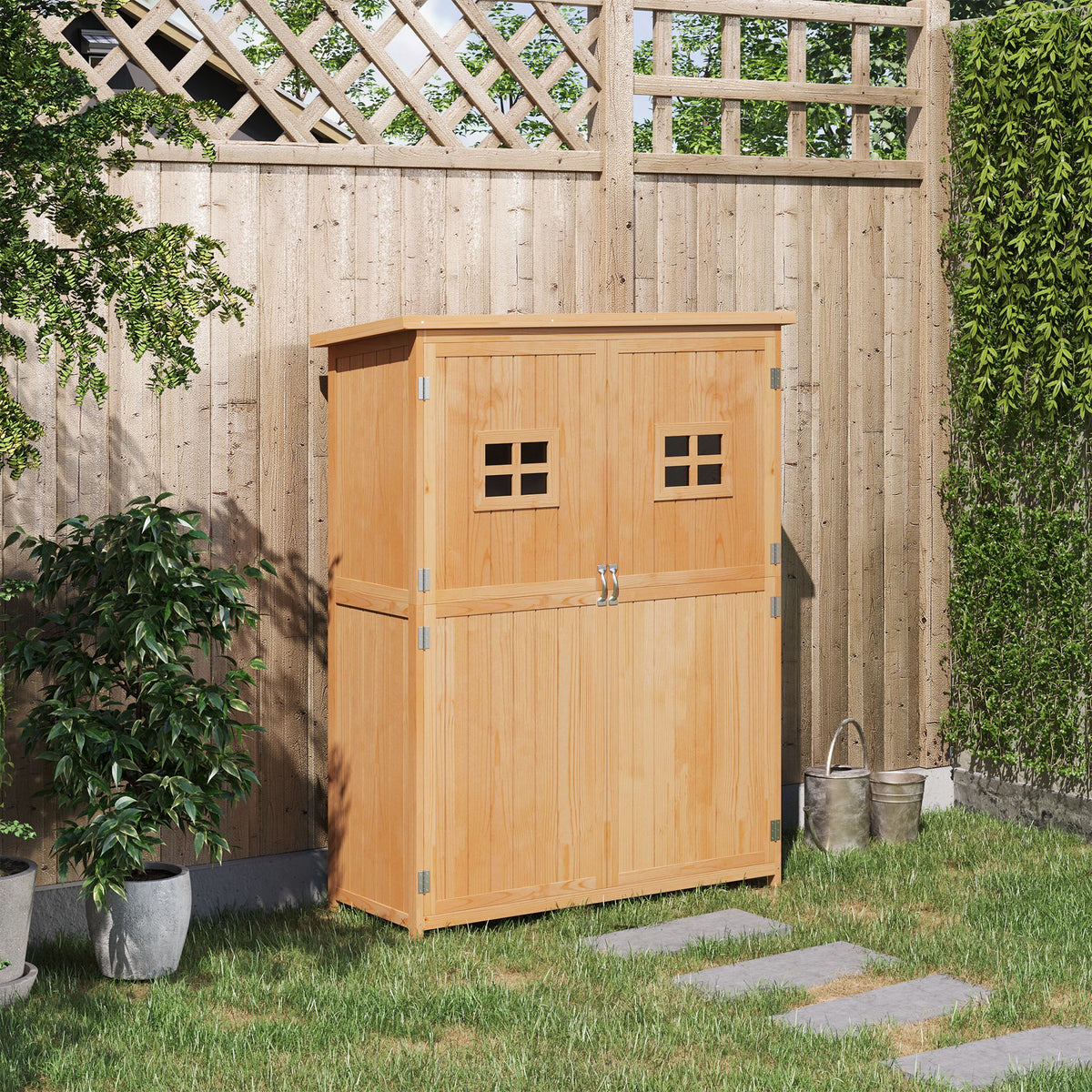 Casetta da giardino in legno Armadio da giardino dim. 127,5L x 50P x 164A cm 2 ripiani 2 ante 2 finestre Tetto bitumato impermeabile Legno massello di abete pre-oliato legno naturale