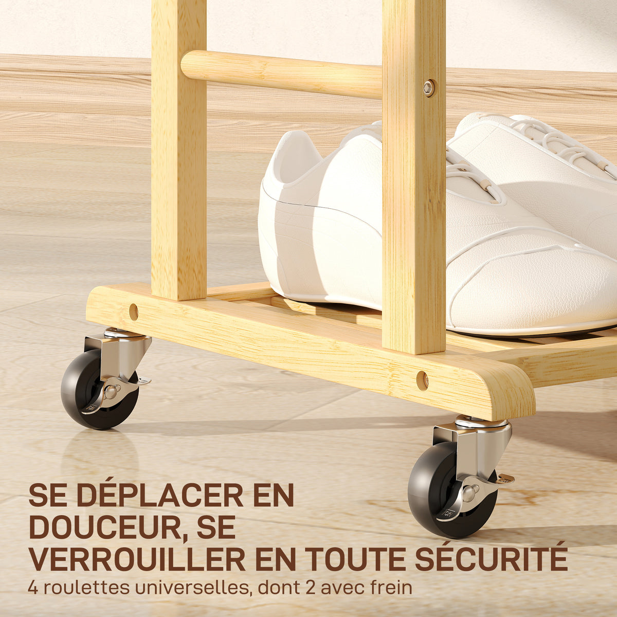 Portant à vêtements sur roulettes, porte-manteaux en bambou, double cintre intégré, 47 x 33,7 x 105,5 cm, bois naturel