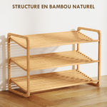Étagère à chaussures en bambou à 3 niveaux, porte-chaussures capacité 12 paires, 76x33x50,8cm, bois naturel