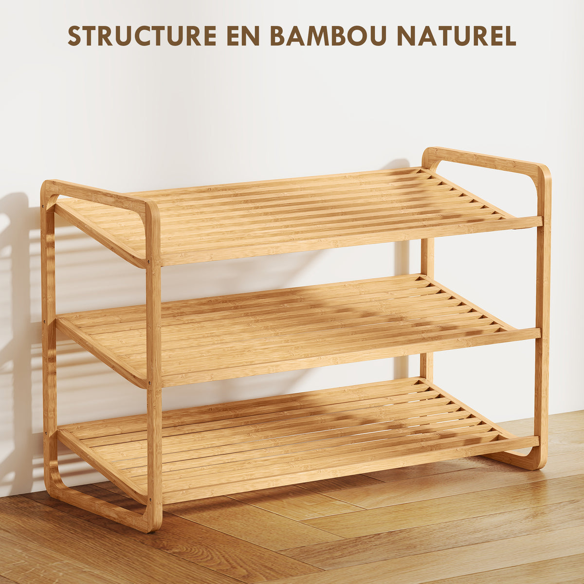 Étagère à chaussures en bambou à 3 niveaux, porte-chaussures capacité 12 paires, 76x33x50,8cm, bois naturel