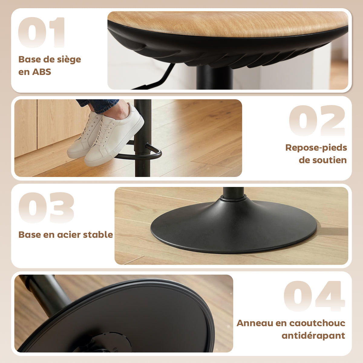 2er-Set Barhocker, höhenverstellbare Barstühle mit Fußstütze, 360° drehbar, Stahlfuß, Eiche