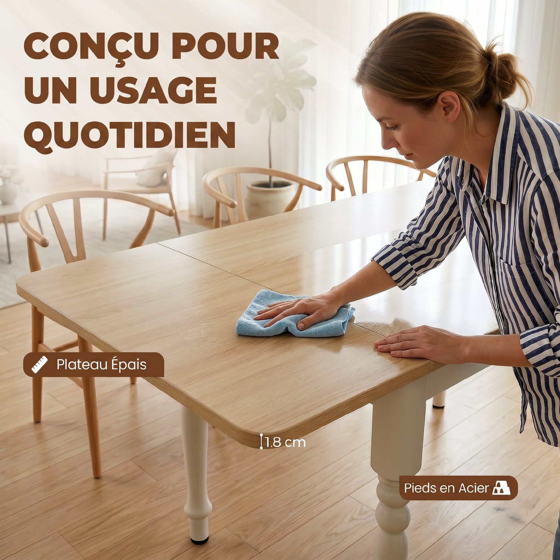 Table à manger pliante pour 2 à 6 personnes 74-134 cm, table de cuisine avec 2 abattants, pieds en acier, bois naturel