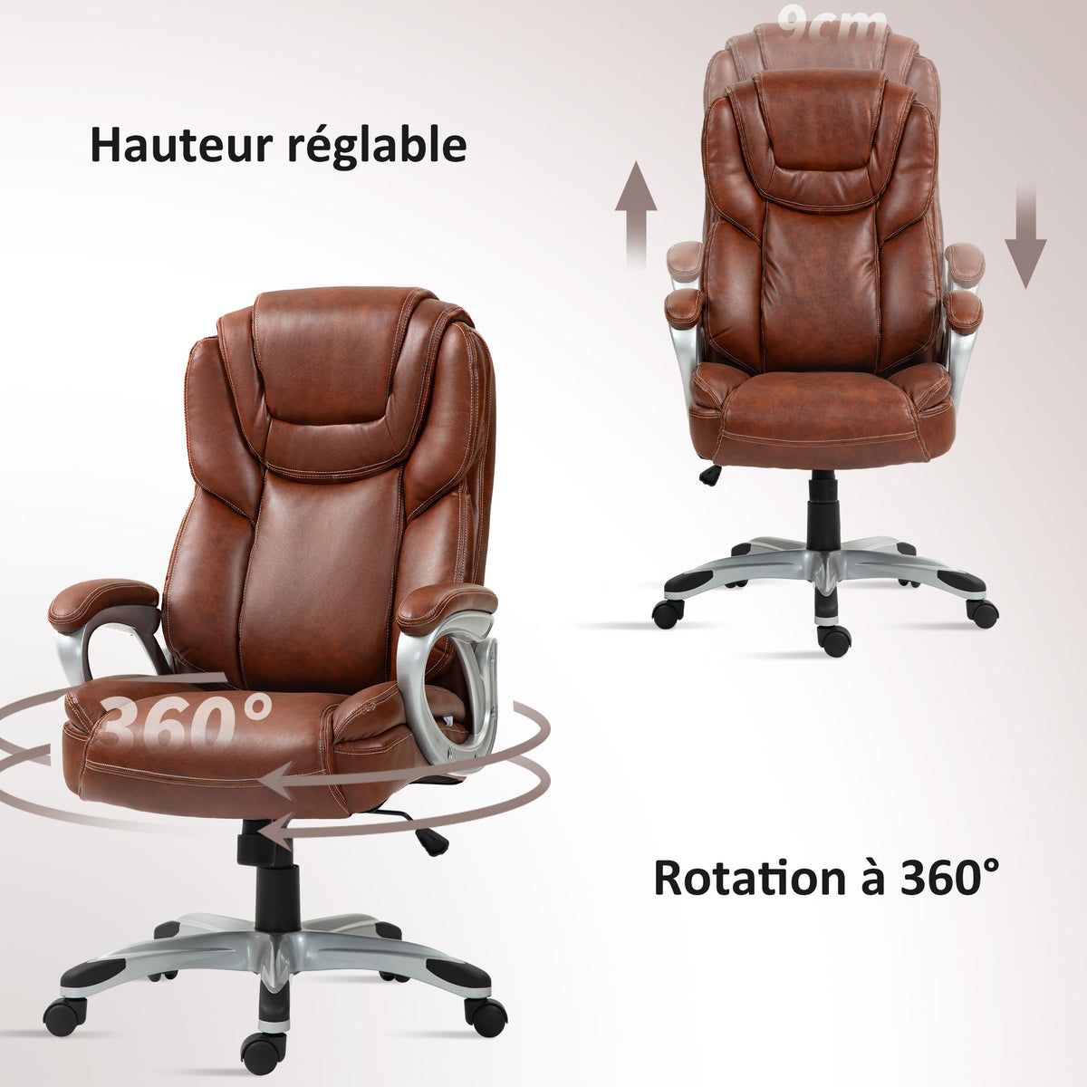 Chaise de bureau fauteuil de bureau avec fonction bascule roulettes pivotantes 360° 66 x 75,5 x 115,5-124,5 cm marron