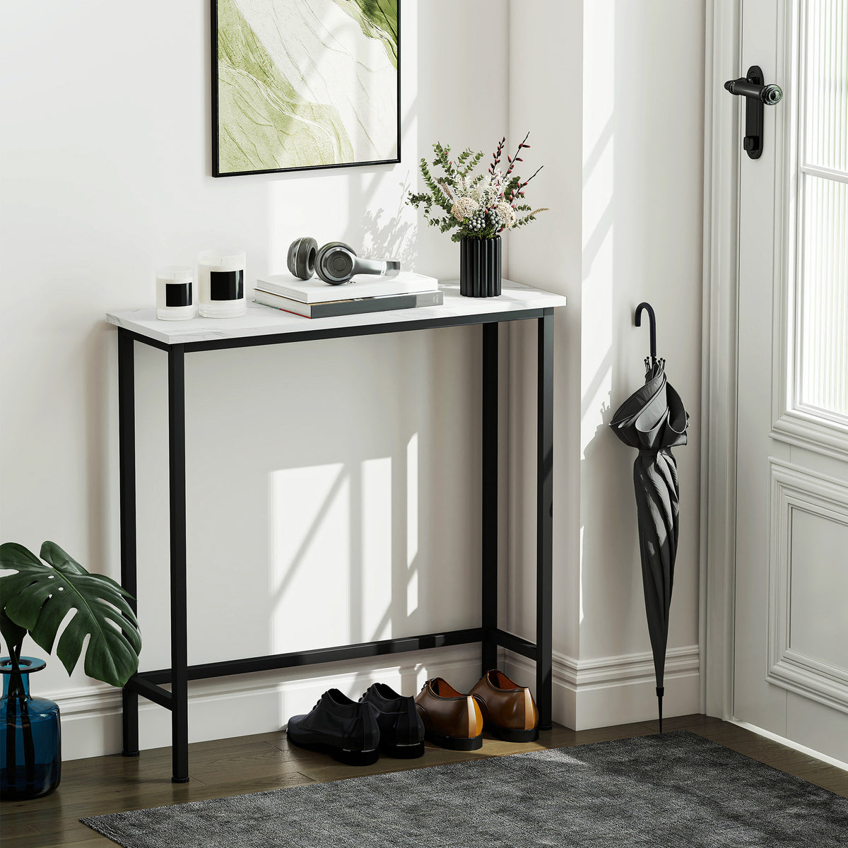 Console meuble 75 cm, table console plateaux en effet marbre, cadre en métal, style moderne blanc et noir