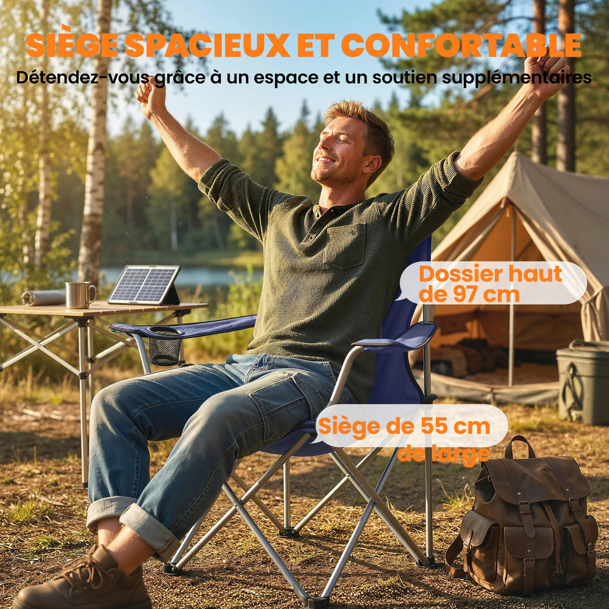 Lot de 2 Chaises de Camping Pliantes avec Porte-Gobelet, Sac de Transport, Dossier Haut, 88x57x97cm, Bleu Foncé