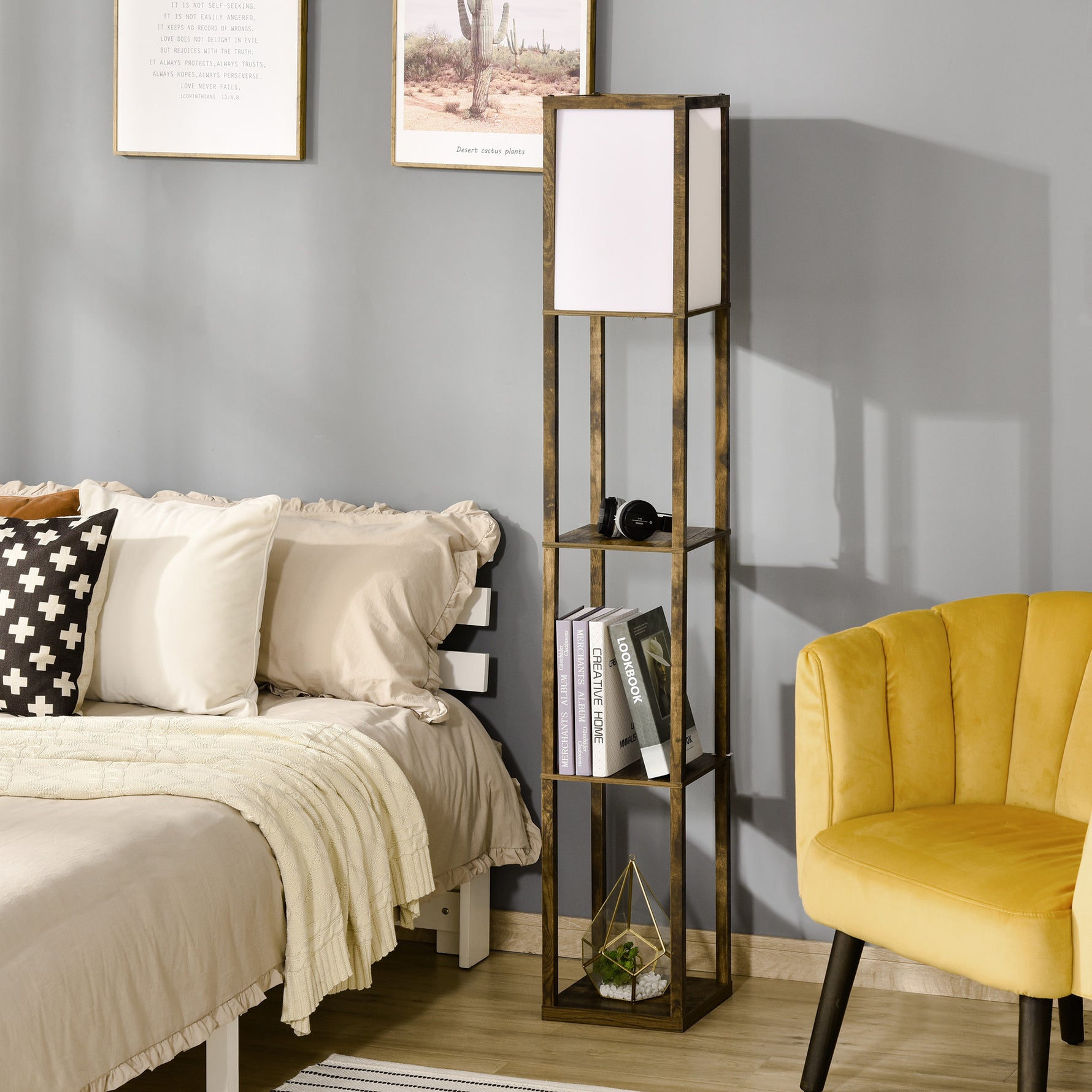 Lampadaire étagère Lampe étagère 26L x 26l x 160H cm 3 étagères 4 Niveaux MDF Blanc et Marron