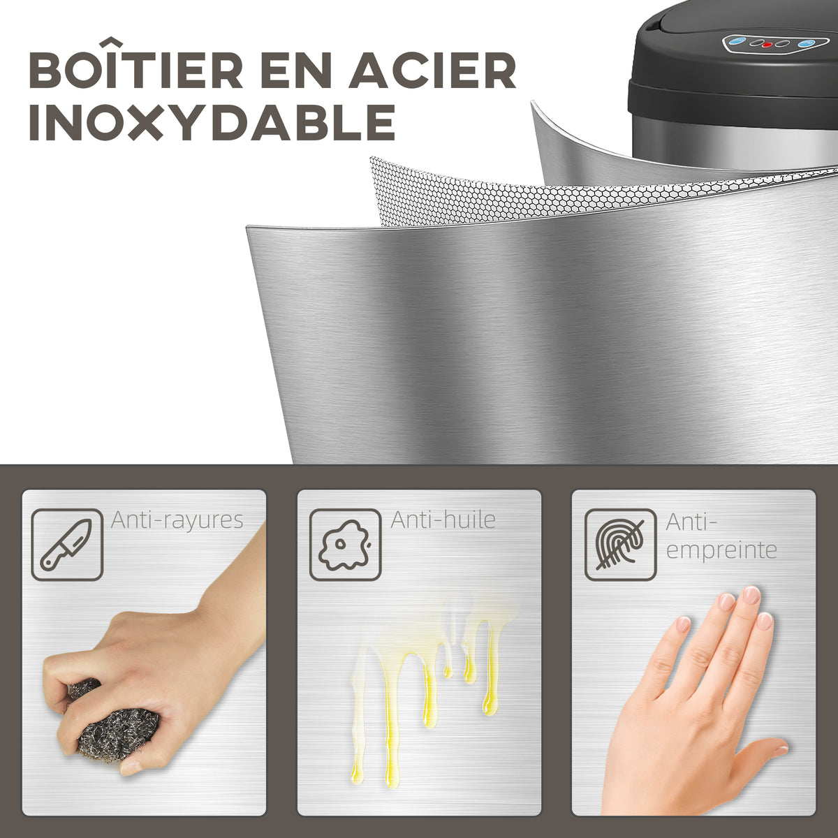 Poubelle cuisine automatique 30L acier inoxydable, poubelle à couvercle à fermeture en douceur, 32x30,5x51cm, argent