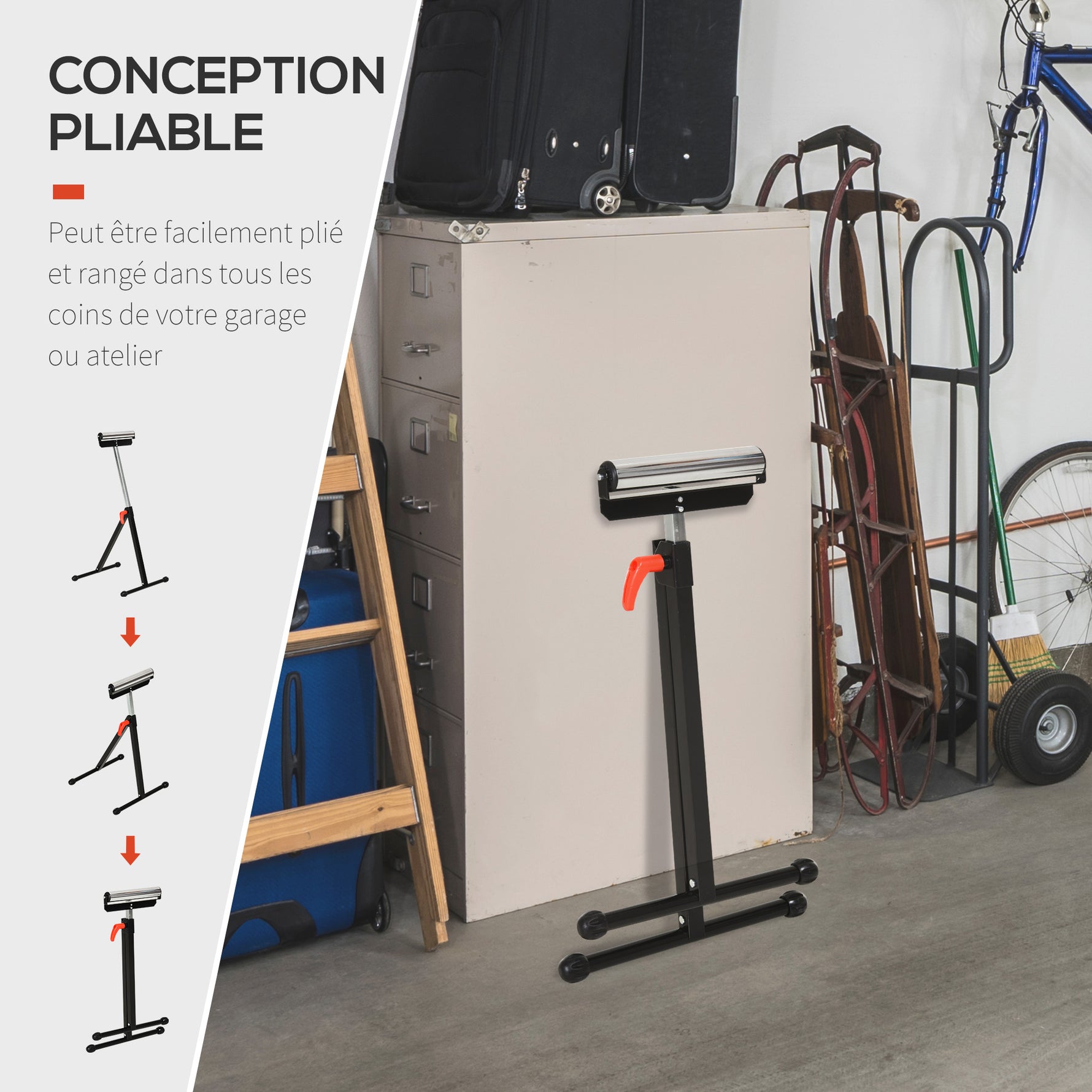 Servante d'atelier à rouleau pliable, support avec rouleau hauteur réglable 68 à 110 cm, charge max. 90 kg, noir