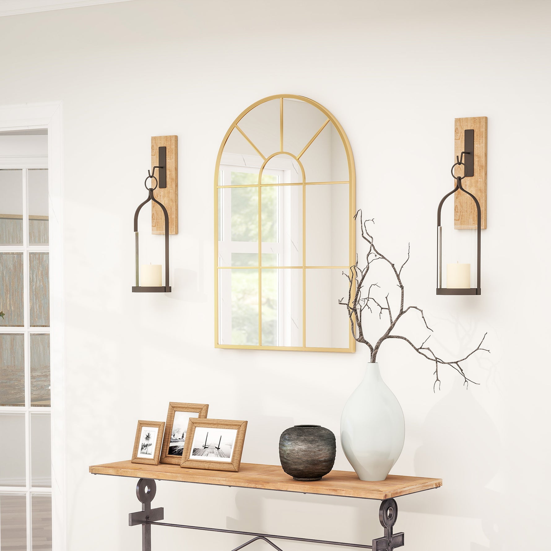 Miroir mural en métal cadre doré en forme de voûtée – 91 x 60 cm – décoration pour entrée ,chambre à coucher, salon